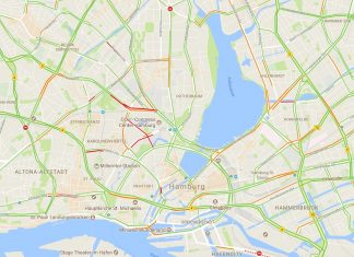 Staus und Sperrungen: Die Verkehrslage beim G20-Gipfel Verkehrslage zu G20, Stand 09:30 Uhr. Screenshot: Google Maps