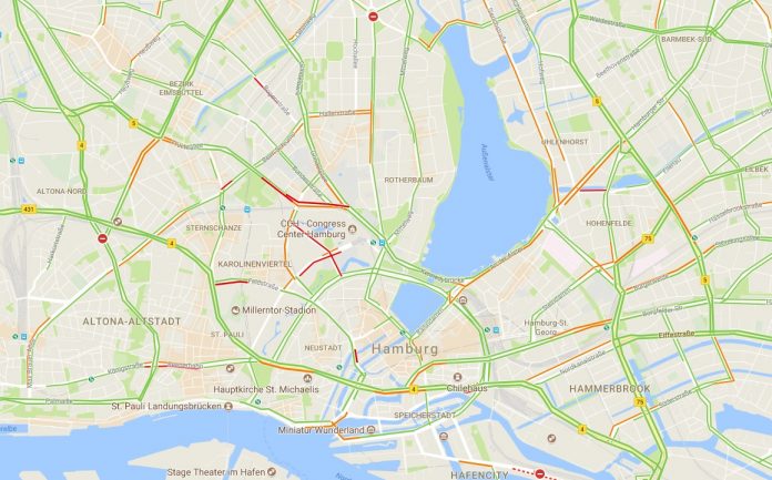 Verkehrslage zu G20, Stand 09:30 Uhr. Screenshot: Google Maps