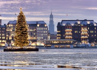 Es weihnachtet sehr auf der Binnenalster Die 18-Meter hohe Alstertanne kommt dieses Jahr aus Rissen. Foto: mediaserver.hamburg.de / Christian Ohde