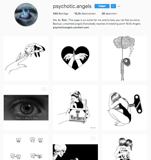 Screenshot der Instagram-Seite "psychotic.angels". Die Seite hat über 10.000 Abonnenten . Screenshot: Talika Öztürk (Datum: 12.12.17, 15:30 Uhr)