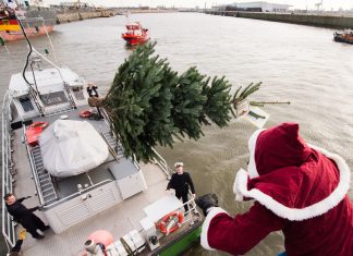 Weihnachtsmann wirft Tannenbäume auf Schiffe Weihnachtsmann-verteilt-Bäume-im-Hafen