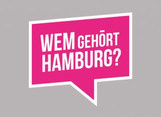 Gemeinsam für Transparenz auf dem Mietmarkt Weißer Schriftzug auf pinkem grund: Wem gehört Hamburg?