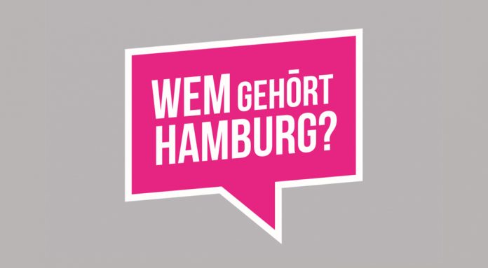Weißer Schriftzug auf pinkem grund: Wem gehört Hamburg?