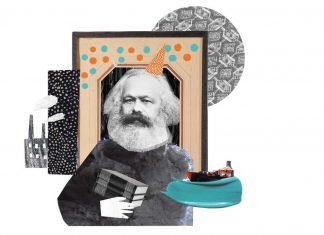 “Das Kapital” für Anfänger Karl Marx mit Fabriken, Bild und Geburtstaghut.