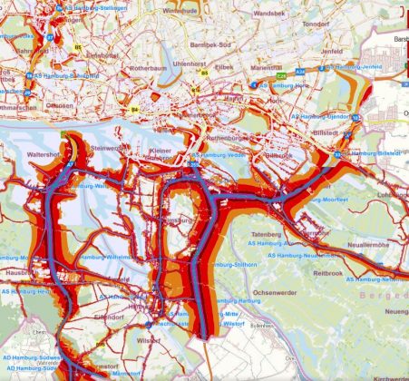 Ein Ausschnitt aus der interaktiven Lärmkarte von hamburg.de zeigt die Lärmdichte in Hamburgs Bezirken tagsüber und nachts.