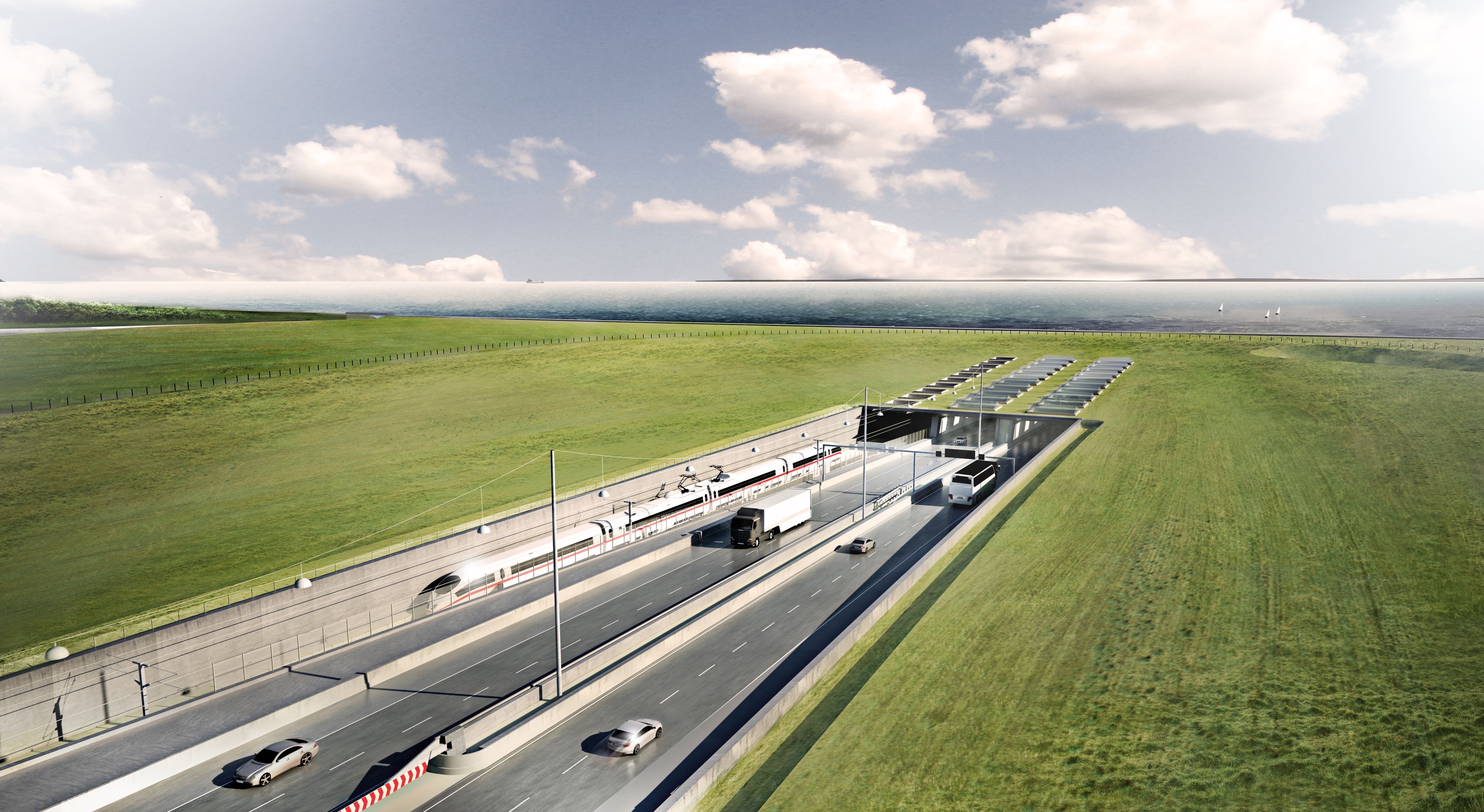 So könnte er in 10 Jahren aussehen: Der geplante Fehmarnbelt-Tunnels zwischen Deutschland und Dänemark. Foto: ICONO A/S für Femern A/S/Grafische Darstellung: Femern A/S/dpa