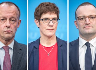 CDU-Parteitag: Eins, zwei oder drei? Annegret Kramp-Karrenbauer, Generalsekretärin der CDU (M), Jens Spahn (CDU, r), Bundesgesundheitsminister Friedrich Merz (CDU) nehmen an einer Veranstaltung der Frauen-Union teil. Die drei Politiker wollen sich beim Parteitag für die Nachfolge von Merkel im Amt des CDU-Bundesvorsitzenden bewerben.