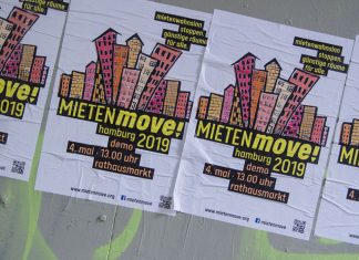 Mietenmove: Demonstrieren für bezahlbares Wohnen "Mietenwahnsinn stoppen. Günstige Räume für alle". Die Mietenmove Plakate rufen zur Demonstration am 4. Mai am Hamburger Rathausmarkt auf.
