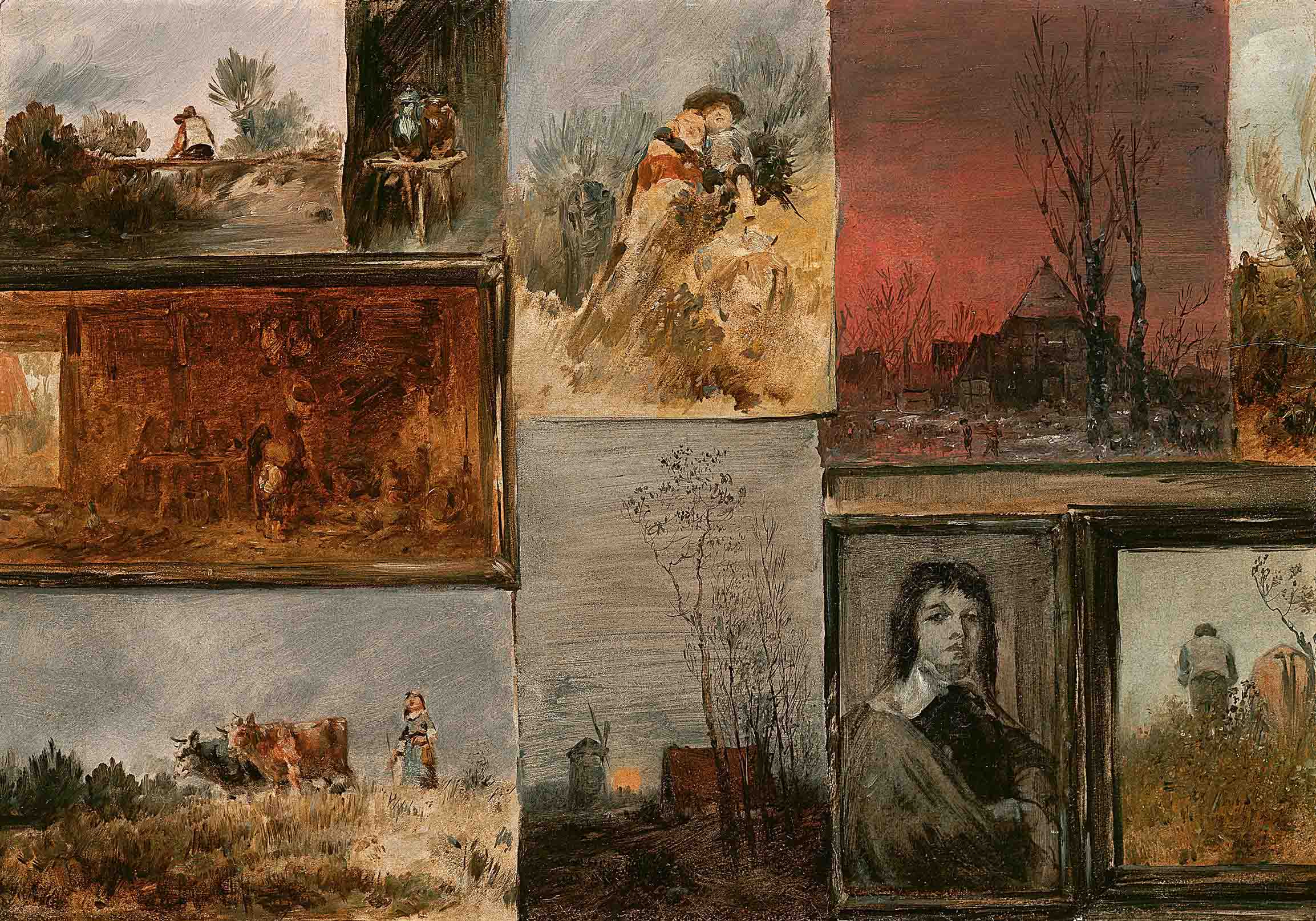 Junge Frau sitzt auf einer Bank in einer Ausstellung vor vier Bildern eines Künstlers