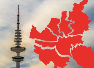 Bezirkswahlergebnisse kommen gegen Abend Montage: Eine Karte der Hamburger Bezirke auf einem Foto des Hamburger Fernsehturms