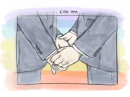 Ehe für alle: Hamburg war Vorreiter Illustration von zwei Männern, die gerade geheiratet haben. Im Hintergrund die Regenbogenflagge.