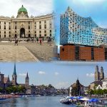 Wien und Zürich zu Gast: Städte-Trialog in Hamburg Die Hofburg in Wien, die Elbphilharmonie und Zürich.