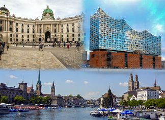 Wien und Zürich zu Gast: Städte-Trialog in Hamburg Die Hofburg in Wien, die Elbphilharmonie und Zürich.