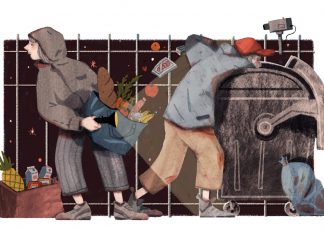 Essen aus der Mülltonne: Die Debatte um das Containern Zwei Personen sammeln in der Dunkelheit Lebensmittel aus einem Container.