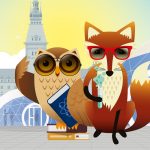 Wissenschaftsfestival auf dem Rathausmarkt Eine Eule mit einem Buch und einer Brille und ein Fuchs mit einer Brille und einem Reagenzglas.