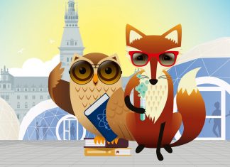 Wissenschaftsfestival auf dem Rathausmarkt Eine Eule mit einem Buch und einer Brille und ein Fuchs mit einer Brille und einem Reagenzglas.