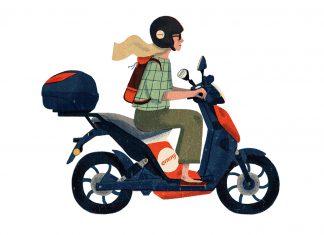 Hamburg, wie gut kannst du teilen? #4 Emmy Illustration von einem Mädchen auf einem der rot-schwarzen Emmy Rollern.