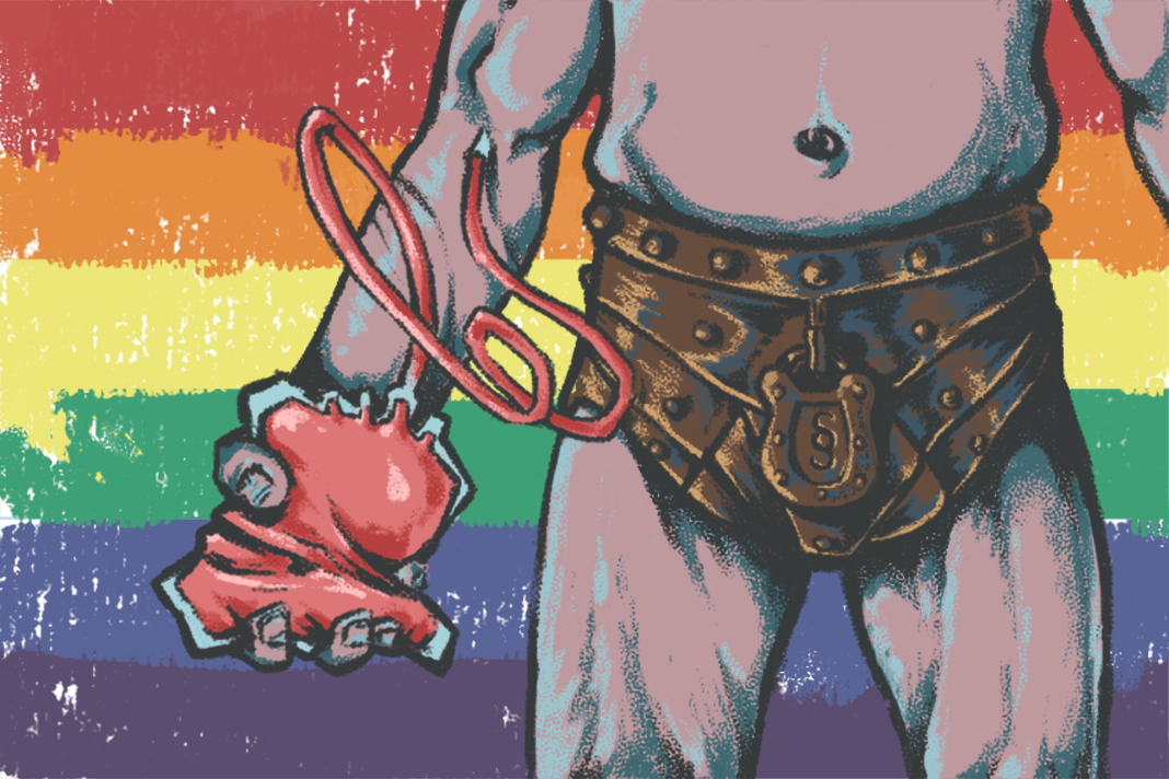 Ein Mann trägt einen Keuschheitsgürtel, hat eine Blutkonserve im Arm und steht vor einem Hintergrund in Regenbogenfarben.
