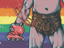 Homosexuell: “Warum ist mein Blut nicht gut genug?” Ein Mann trägt einen Keuschheitsgürtel, hat eine Blutkonserve im Arm und steht vor einem Hintergrund in Regenbogenfarben.