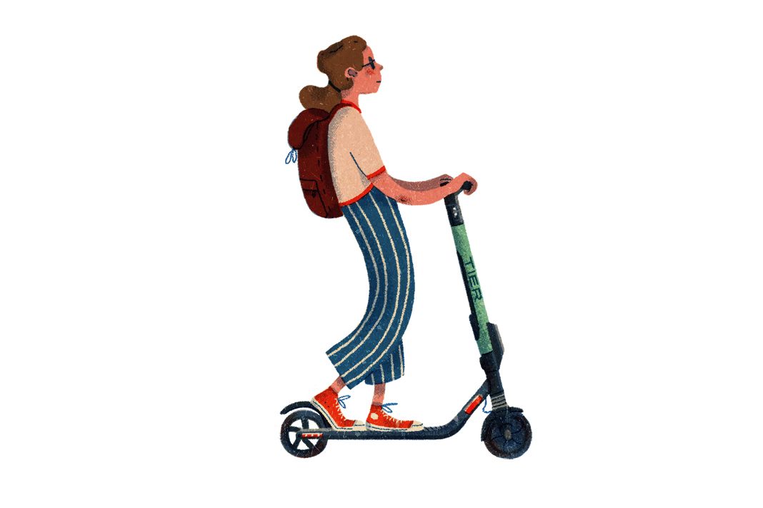 Mädchen mit Rucksack fährt mit einem Elektroroller von Tier. Illustration von Sarah J. Ejim