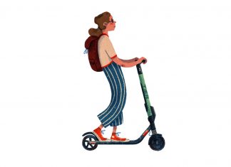 Hamburg, wie gut kannst du teilen? #8 E-Scooter von Tier Mädchen mit Rucksack fährt mit einem Elektroroller von Tier. Illustration von Sarah J. Ejim