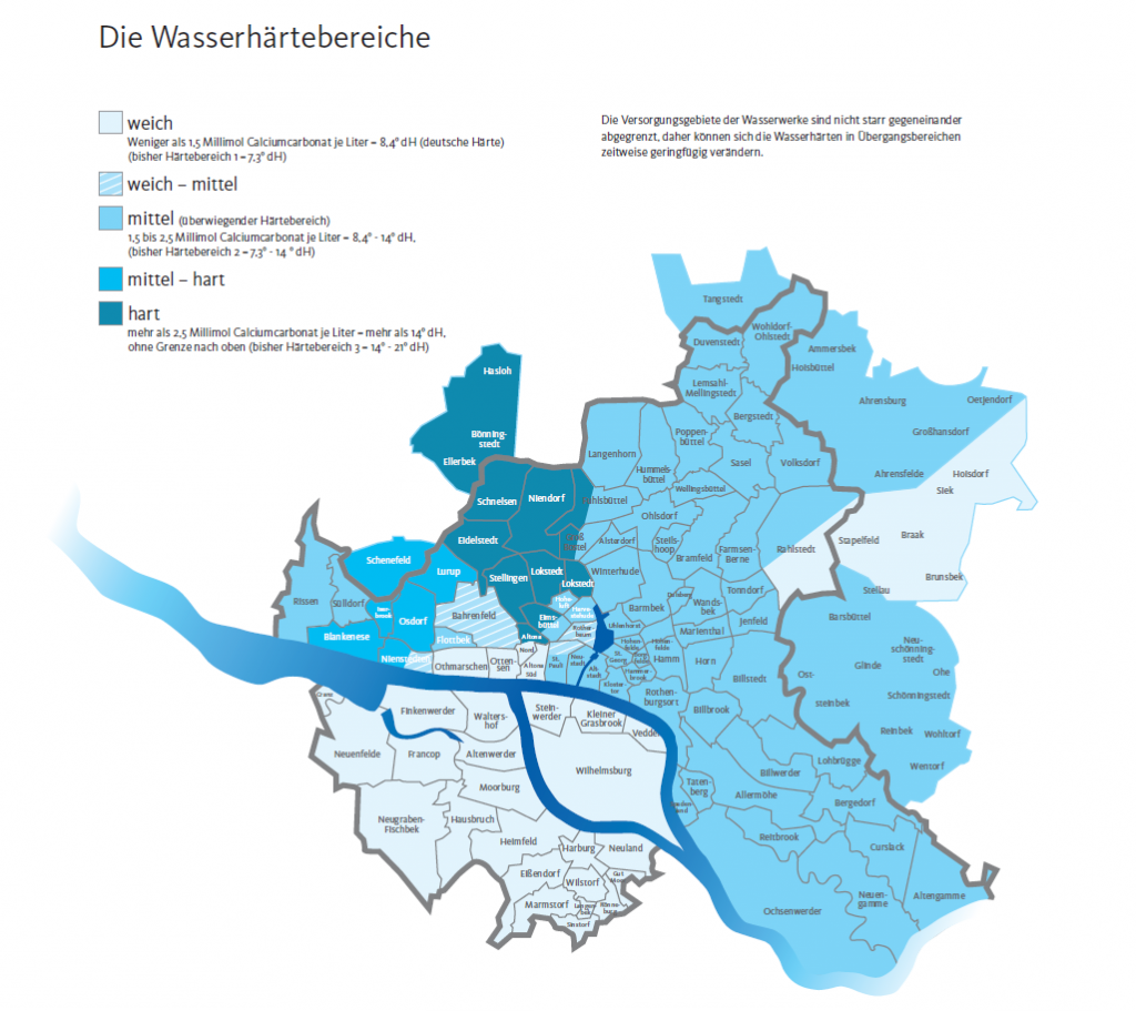 Karte mit eingezeichneten Härtebereichen des Trinkwassers in den unterschiedlichen Hamburger Stadtteilen.