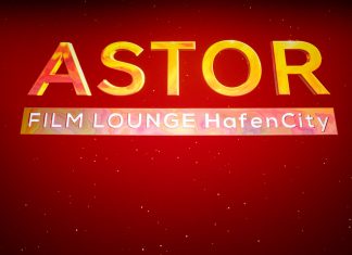 Ums Eck geschaut: Astor Film Lounge HafenCity Schriftzug der Astor Film Lounge auf der Leinwand