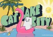 Kinderkino: “Wir erzählen uns zu wenig Fantasiequatsch” Titel mit Bild einer Katze auf einem Flamingo des Films "Cat Lake City" von Antje Heyn