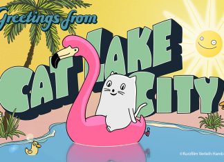 Kinderkino: “Wir erzählen uns zu wenig Fantasiequatsch” Titel mit Bild einer Katze auf einem Flamingo des Films "Cat Lake City" von Antje Heyn