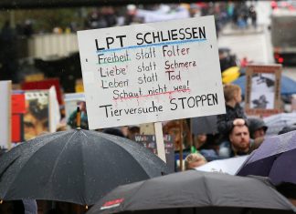 Erneuter Protest gegen LPT-Labor geplant Ein Schild wird bei einer LPT-Demo in die Luft gehalten. Es fordert, das Labor zu schließen.