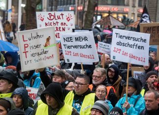 Nach Tierschutzdemo: Bürgerschaft reagiert Demonstrant*innen halten Schilder mit der Aufschrift "Lutscher, Pisser, Tierquäler. LPT schließen", "Nie mehr Tierversuche. LPT ist überall" und "Tierversuche abschaffen.