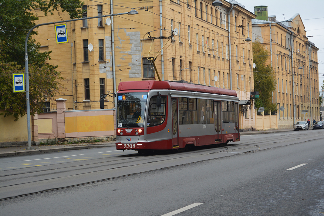 A tram line rides through the centre of Saint Petersburg.