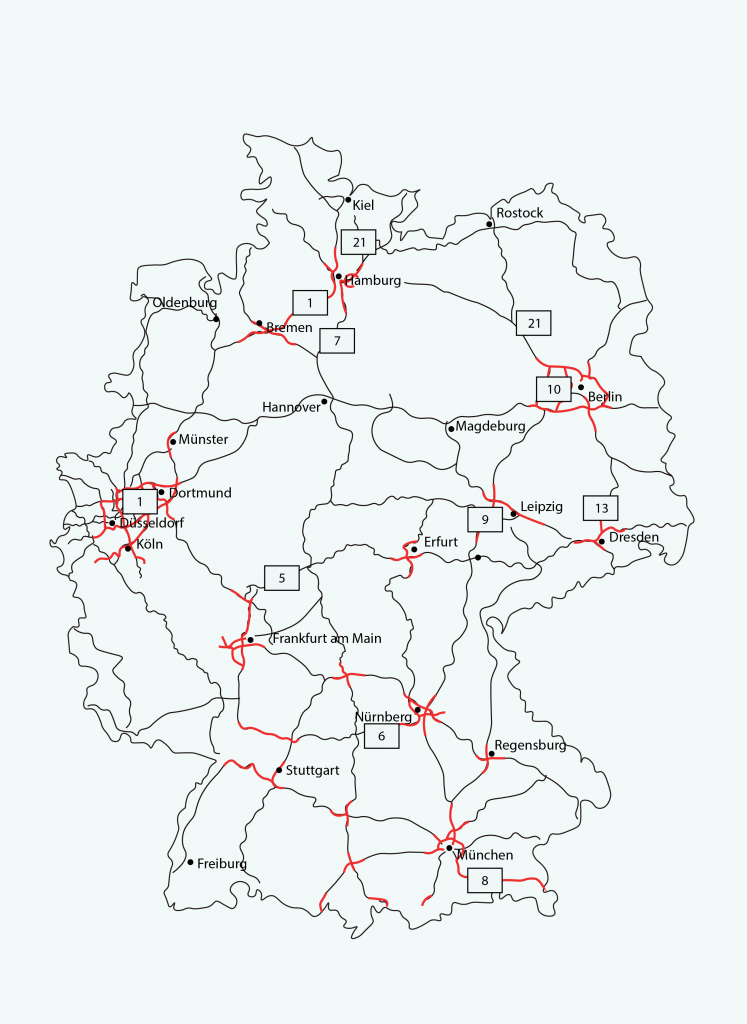 Deutschlandkarte mit Autobahnen und Staus am Wochenende.