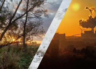 Hoffnungsvoller Klimaplan mit Überflutungsgefahr Links der Vollhöfner Wald. Rechts das Heizkraftwerk Moorburg. In der Mitte: Eine Sturmflutwelle