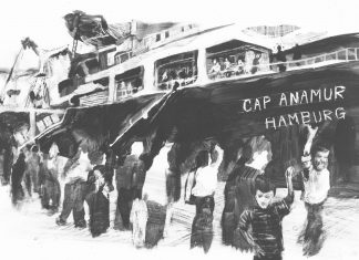 Scrollytelling: Flucht aus Vietnam – mit dem Boot nach Hamburg Eine Illustration der Cap Anamur von Jasper Zschörnig.