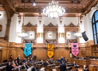 Klimaschutz: Hamburg will Verfassung ändern Bunte Transparente mit Aufschriften zum Klimaschutz im Hamburger Rathaus