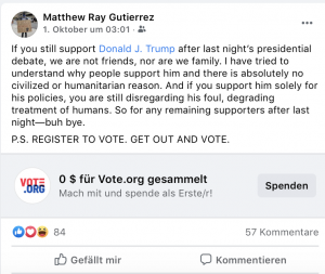 Facebook Post von Matthew im Vorfeld der Wahl