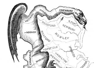 Trumps Partei hat einen Vorteil Dieses Bild zeigt eine Kariktur des ersten Wahlbezirks, in dem Gerrymandering angewendet wurde.