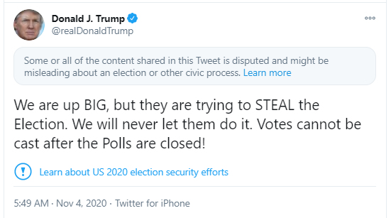 SCREENSHOT - 04.11.2020, Großbritannien, ---: Ein Screenshot eines Tweets von US-Präsident Trump, der in der Nacht der US-Wahl über die Stimmabgabe nach Abschluss der Umfragen gepostet wurde und auf dem der Mikrobloggingdienst Twitter einen Hinweis auf potenziell irreführende Inhalte im Zusammenhang mit einer US-Wahl platziert hat. Foto: Twitter/PA Media/dpa - ACHTUNG: Nur zur redaktionellen Verwendung im Zusammenhang mit der aktuellen Berichterstattung und nur mit vollständiger Nennung des vorstehenden Credits +++ dpa-Bildfunk +++