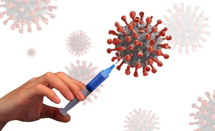 Eine Impfspritze wird gegen ein Virus gehalten.