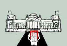Bundestagswahl 2025: Junge Hamburger*innen wählten am seltensten Illustration: Abgeordnete mit Hamburg Wappen auf dem Weg zum Bundestag