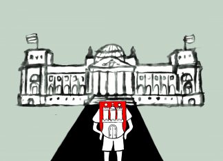 Moin Bundestagswahl: Wo geht’s hier nach Berlin? Illustration: Abgeordnete mit Hamburg Wappen auf dem Weg zum Bundestag