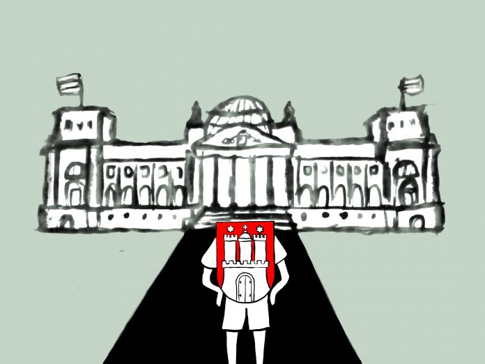 Bundestagswahl: Der Weg nach Berlin Illustration: Abgeordnete mit Hamburg Wappen auf dem Weg zum Bundestag