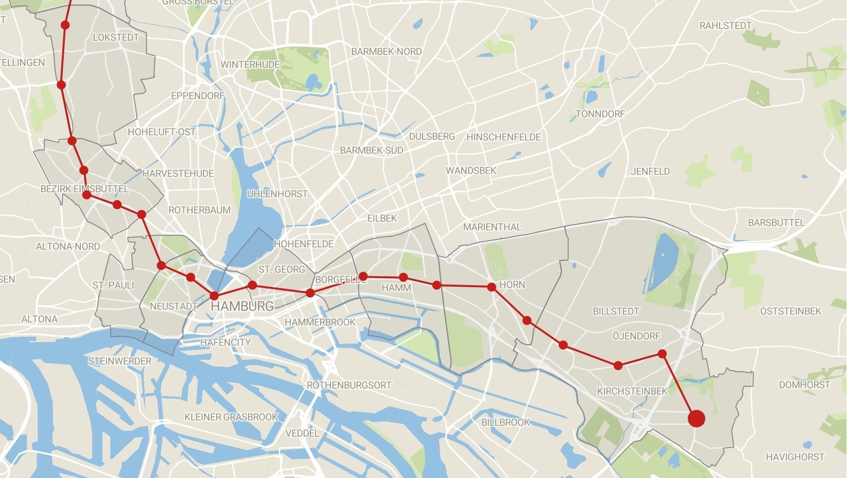 Die Strecke der U2 durch Hamburgs verschiedene Stadtteile
