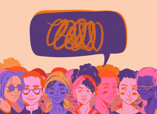 Der kleinste gemeinsame Nenner Titelbild: Illustration verschiedener Menschen mit einer abstrakten Sprechblase über den Köpfen. Symbolbild zum Thema Gendern.