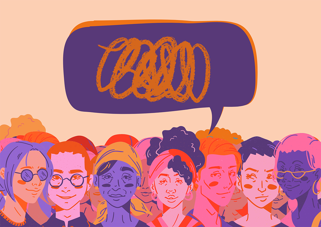 Titelbild: Illustration verschiedener Menschen mit einer abstrakten Sprechblase über den Köpfen. Symbolbild zum Thema Gendern.