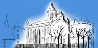 10. November 1938: Nun brennen auch Synagogen in Hamburg Illustration der Harburger Synagoge. Illustration: Elisabeth Birkner, Pogrom