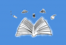 Bruchlandung im Ufo: Thomas Meyers Satire-Versuch Illustration zur Buchrezension mit verschiedenen Symbolen aus dem Buch, z. B. eine Orange, ein UFO und ein Smartphone.