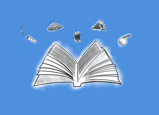 Bruchlandung im Ufo: Thomas Meyers Satire-Versuch Illustration zur Buchrezension mit verschiedenen Symbolen aus dem Buch, z. B. eine Orange, ein UFO und ein Smartphone.