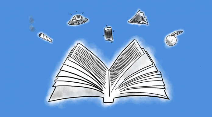 Bruchlandung im Ufo: Thomas Meyers Satire-Versuch Illustration zur Buchrezension mit verschiedenen Symbolen aus dem Buch, z. B. eine Orange, ein UFO und ein Smartphone.